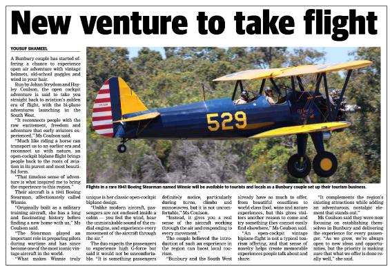 Open Air featured in the Bunbury Herald – New Venture to take flight