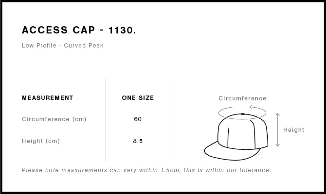 Measurement chart for a cap with specifications on circumference and height.