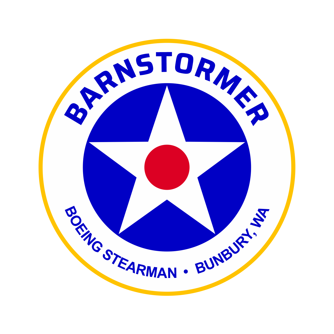 Logo with a blue star and red center, surrounded by text 'Barnstormer Boeing Stearman Bunbury, WA' on a white background.
