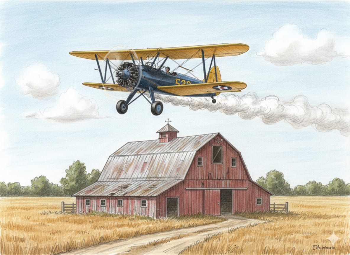 Vintage biplane flying over a red barn with a clear sky