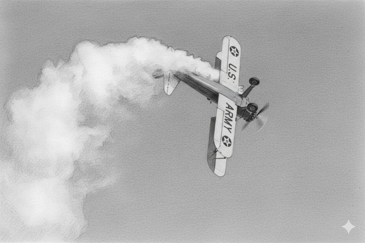 Vintage black and white sketch of a U.S. Army airplane dropping smoke.