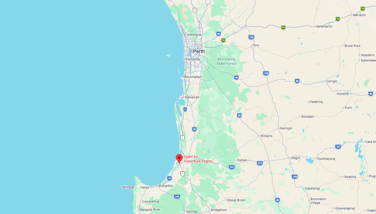 Open Air Adventure Flight's location in Bunbury Western Australia offering joy flights in a vintage Boeing Stearman Biplane.