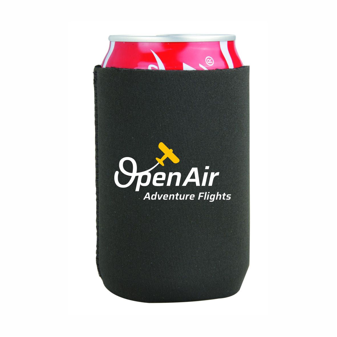 Black can cooler with 'Open Air Adventure Flights' logo holding a red can on a white background