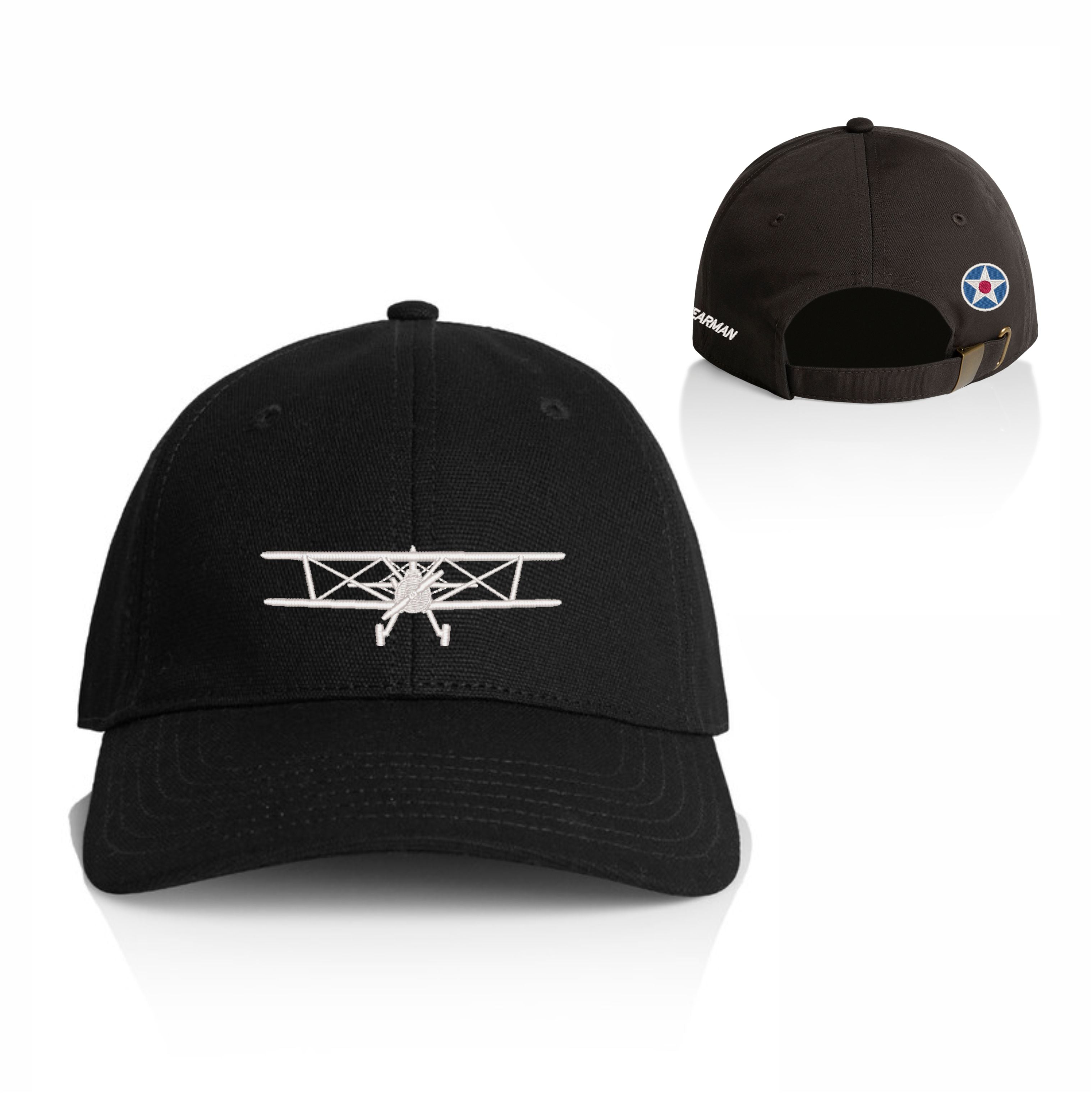 Black Boeing Stearman cap with white embroidered aircraft silhouette, Boeing Stearman side text and vintage roundel detail.