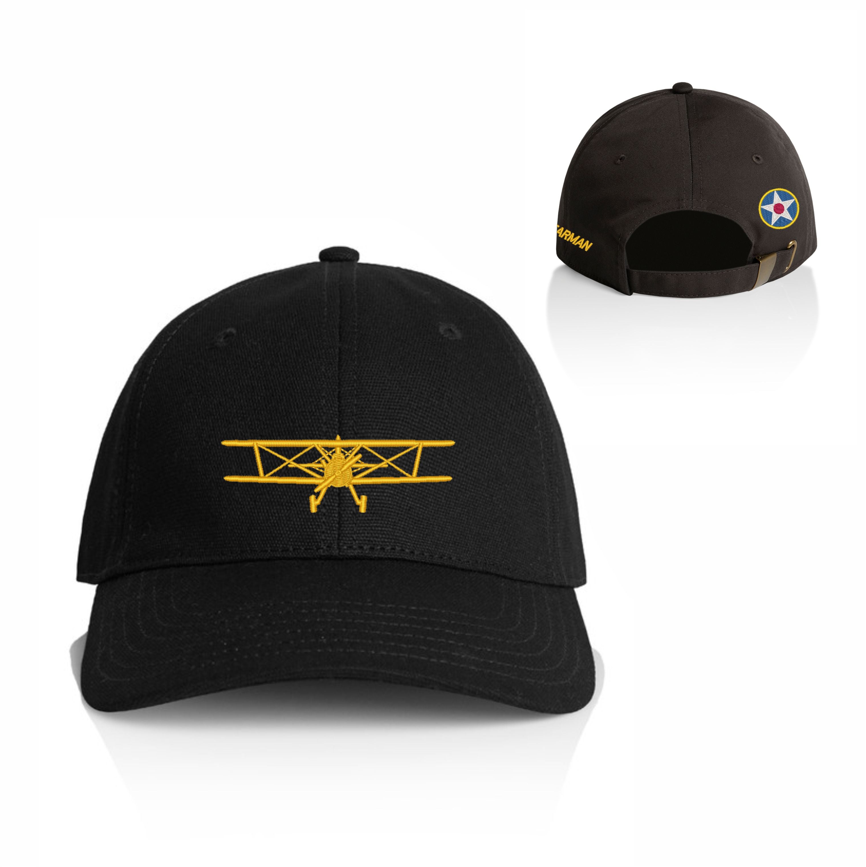 Black Boeing Stearman biplane cap with yellow embroidered aircraft silhouette, Boeing Stearman side text and vintage roundel detail.