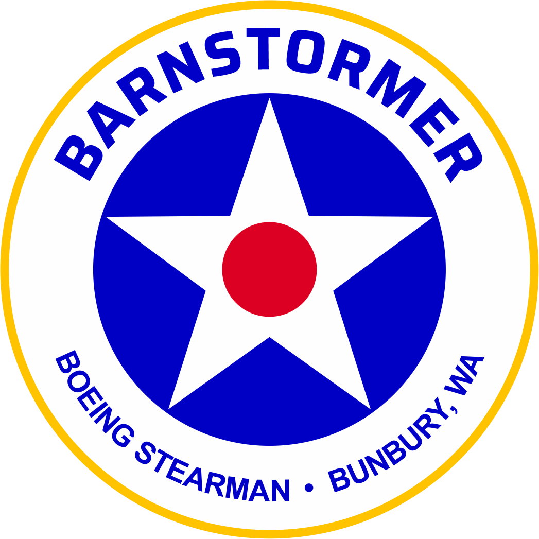 Logo with a blue star and red center, surrounded by text 'Barnstormer Boeing Stearman Bunbury, WA' on a white background. By Open Air Adventure Flights