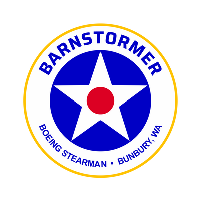 Logo with a blue star and red center, surrounded by text 'Barnstormer Boeing Stearman Bunbury, WA' on a white background.
