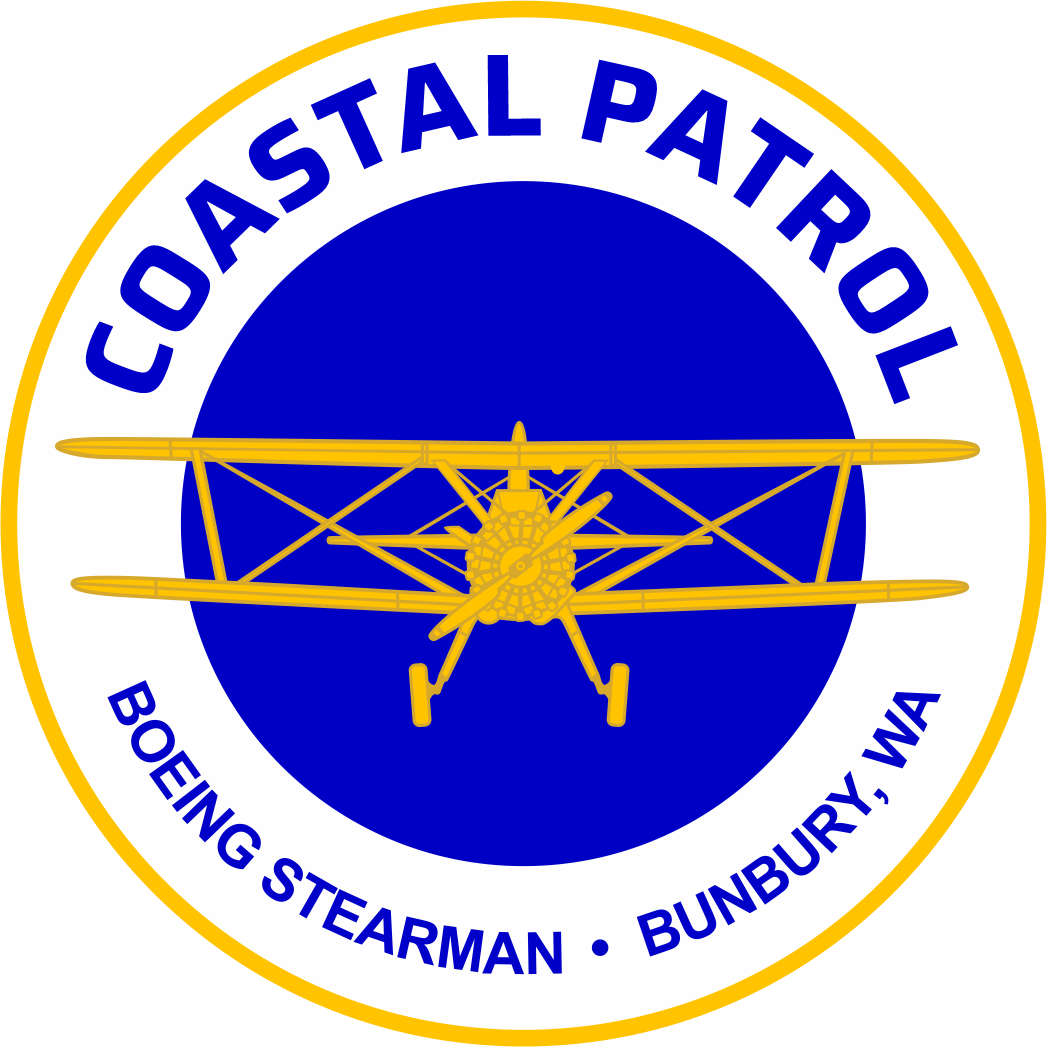 Logo of Coastal Patrol Flight with a Boeing Stearman airplane on a blue background by Open Air Adventure Flights