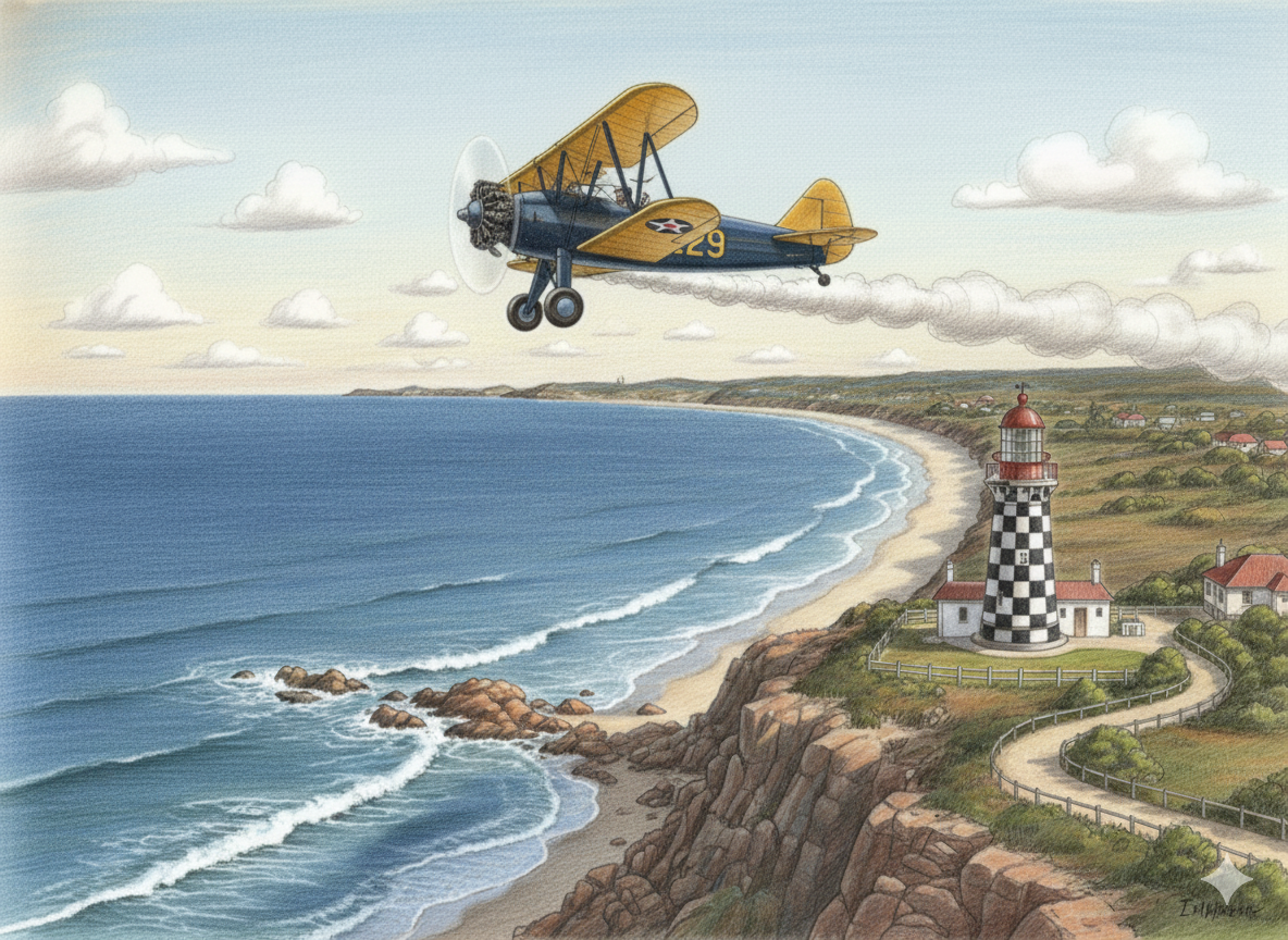 Vintage-style painting of a biplane flying over a coastal landscape with a lighthouse.