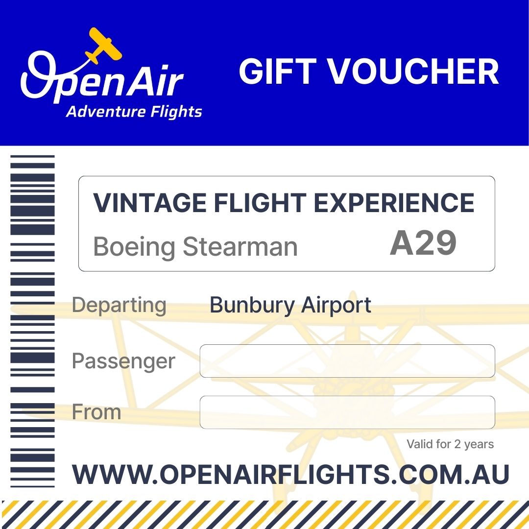 OpenAir Adventure Flights gift voucher for vintage flight experience with airplane design elements.