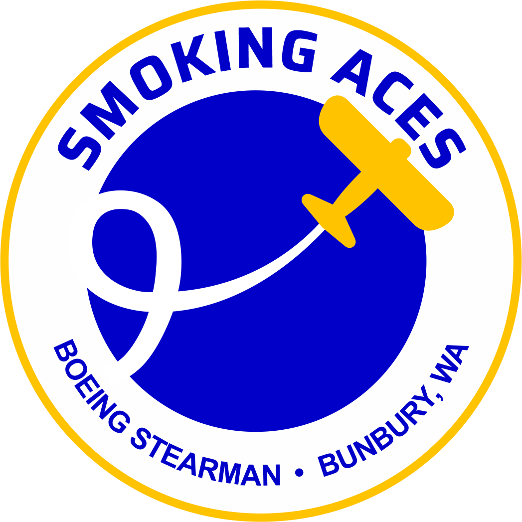 Logo of Smoking Aces Flight with a yellow airplane and blue circle, featuring text about Boeing Stearman and Bunbury, WA. By Open Air Adventure Flights