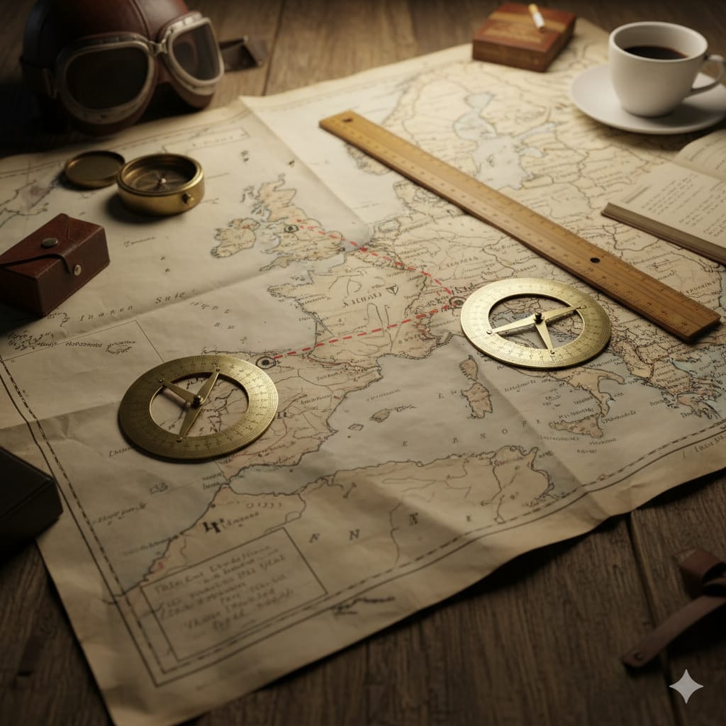 Vintage map with compasses, goggles, and a cup of coffee on a wooden surface