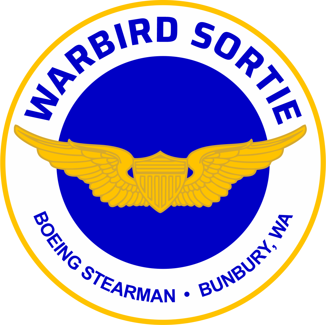 Logo for Warbird Sortie flight featuring wings and text on a blue and yellow background by Open Air Adventure Flights
