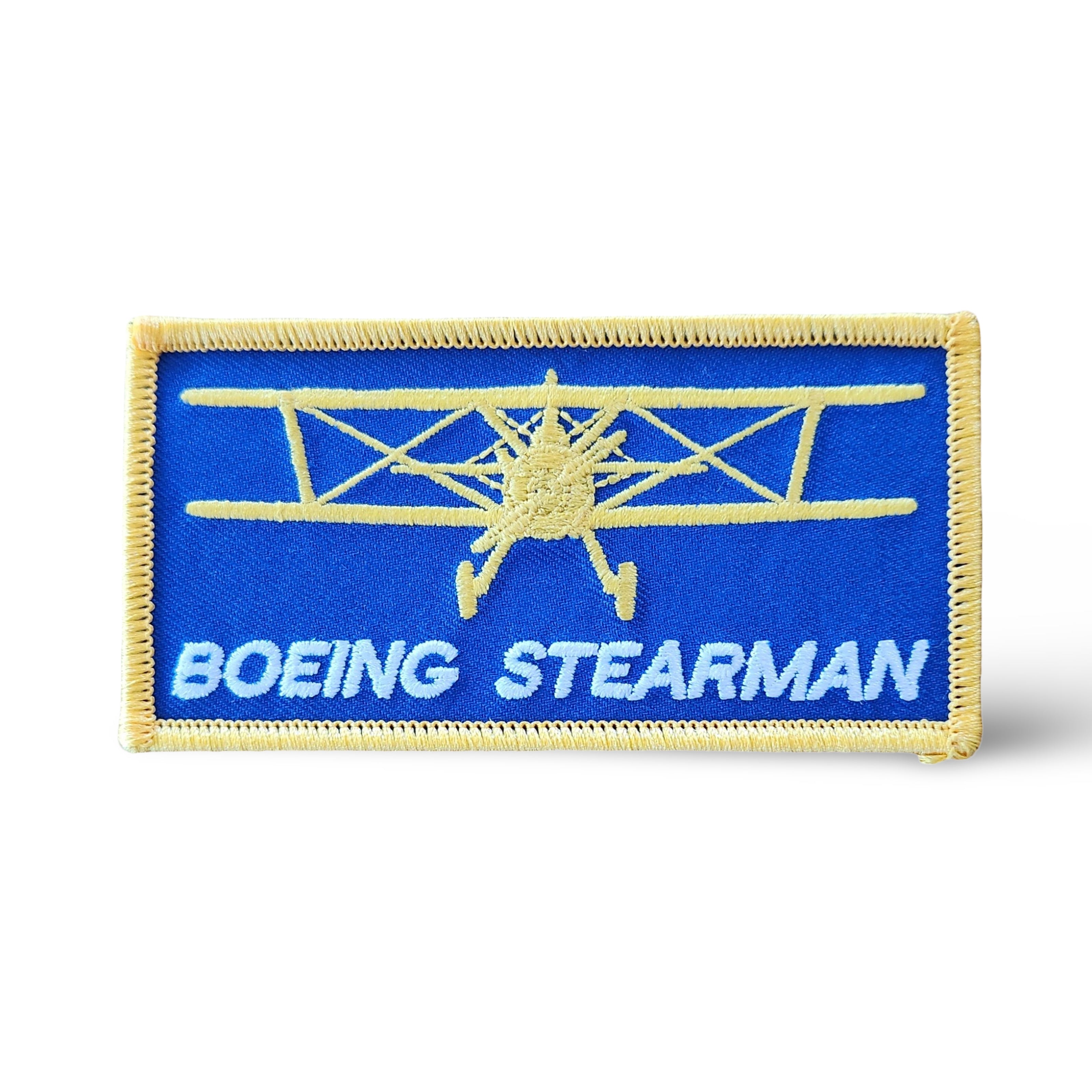 Rectangular embroidered Boeing Stearman patch featuring a front-view aircraft silhouette and Boeing Stearman text.