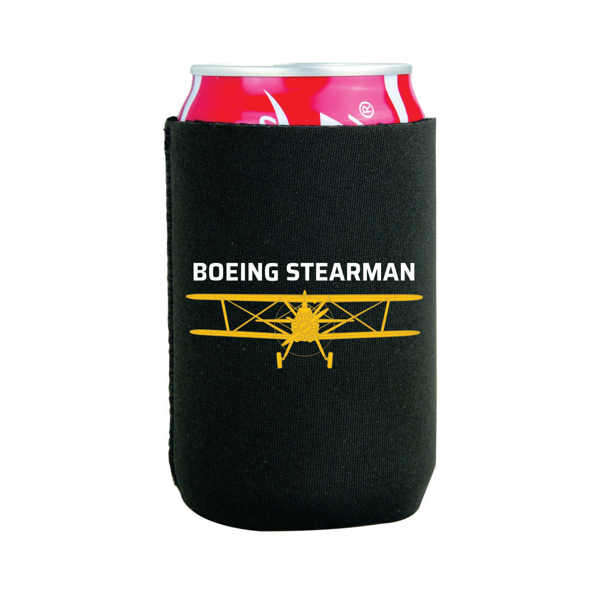 Boeing Stearman Winnie branded stubby holder in black with yellow skeletal aircraft design merch