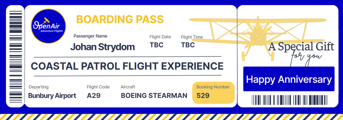 Sample Open Air Adventure Flights gift certificate for a Boeing Stearman adventure flight experience in Bunbury, Western Australia.
