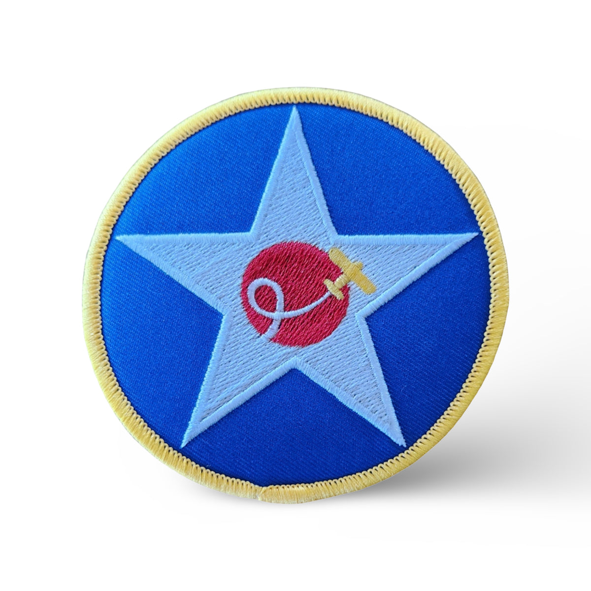 Open Air Adventure Flights iron-on embroidered star roundel patch featuring the vintage aviation-inspired aircraft swirl logo.