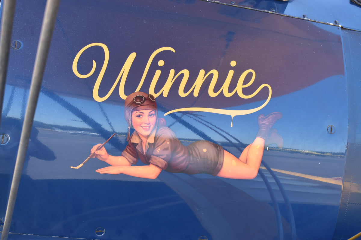The artwork features the name "Winnie" beautifully scripted in a bold cream-colored cursive font, positioned directly above an illustration of a classic pin-up woman wearing a leather flight helmet and holding a paintbrush.