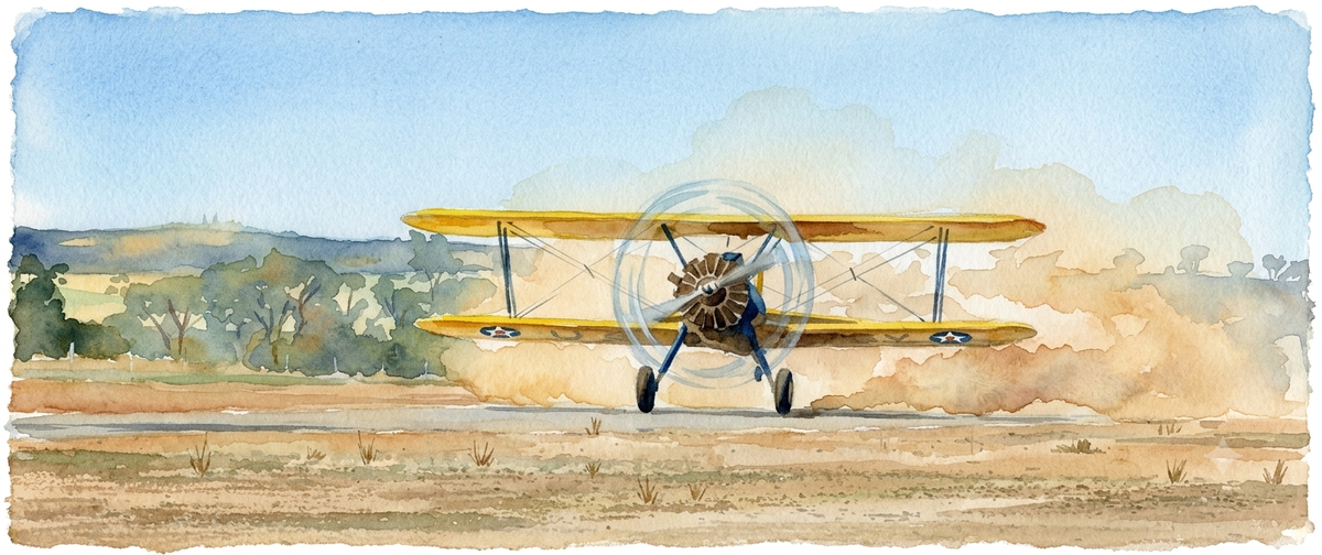 Watercolour illustration of Winnie, the restored 1941 Boeing Stearman, taking off with dust rising behind the aircraft at Beverley Airfield.